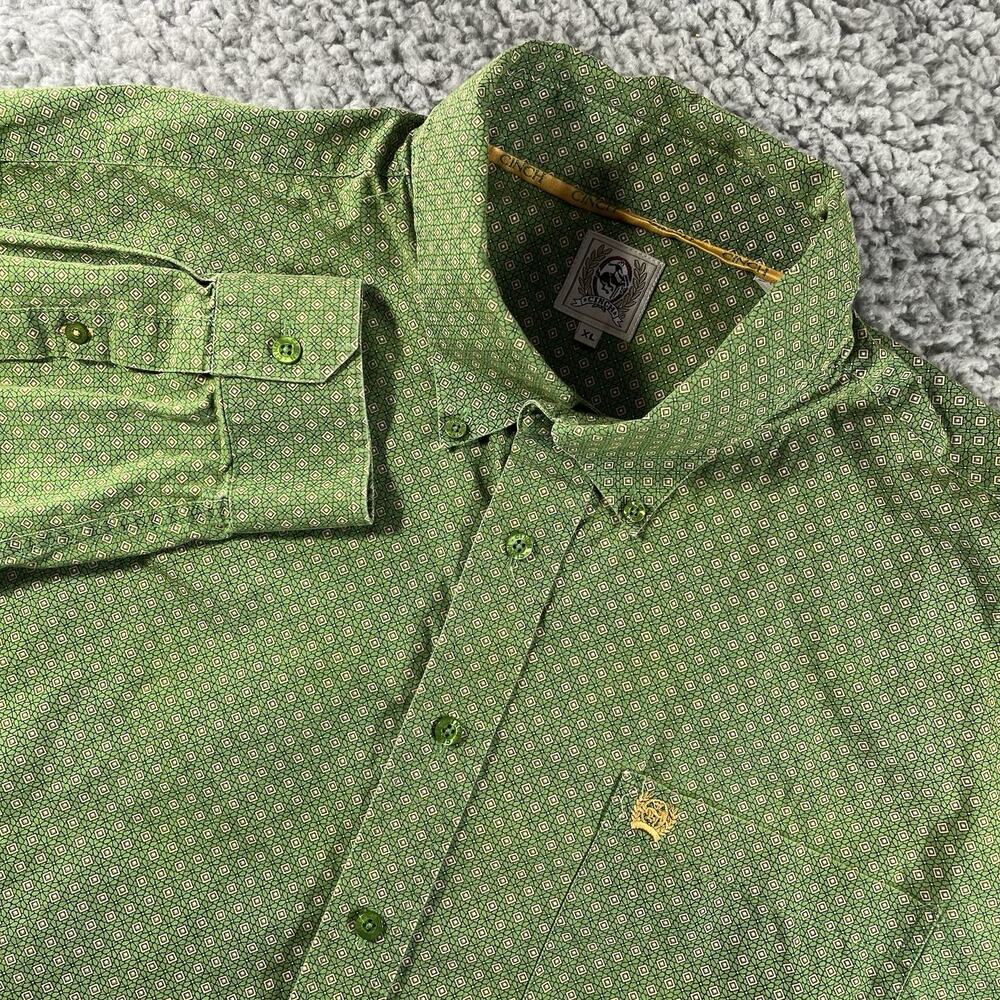 Cinch Classic Fit Long Sleeve Button Down Shirt Green Geometric Men's XL